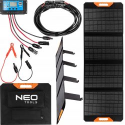 Prenosný solárny panel / solárna nabíjačka 140W USB NEO | 90-142 obsahuje: solárny panel 140W, regulátor napätia, kábel MC4, nabíjacie káble.