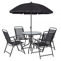 Záhradná zostava LETICIA GREY - stôl stoličky dáždnik - set pozostáva zo štyroch stoličiek, stola a slnečníka.