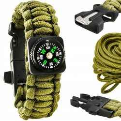 Survival náramok na prežitie 5v1 | zelený - má až 5 funkcií: lano, nôž, kresadlo, kompas a píšťalka. Dĺžka lana: 3m.