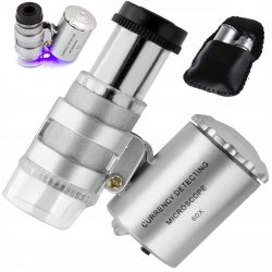 Vreckový mini mikroskop 60x s LED osvetlením a UV - so zväčšením 60x s 2 LED diódami a ultrafialovým UV. Obsahuje praktické puzdro.