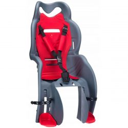 Detská sedačka na bicykel / cyklosedačka | sivo-červená - má nastaviteľné opierky nôh, bočné lakťové opierky a tvarovanú chrbtovú opierku.