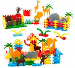 Detská stavebnica - ZOO zvieratká 235ks - žirafu, slona, ​​leva, opicu, nosorožca, lamu, medveďa, ťavu, stromy, palmy, ploty.