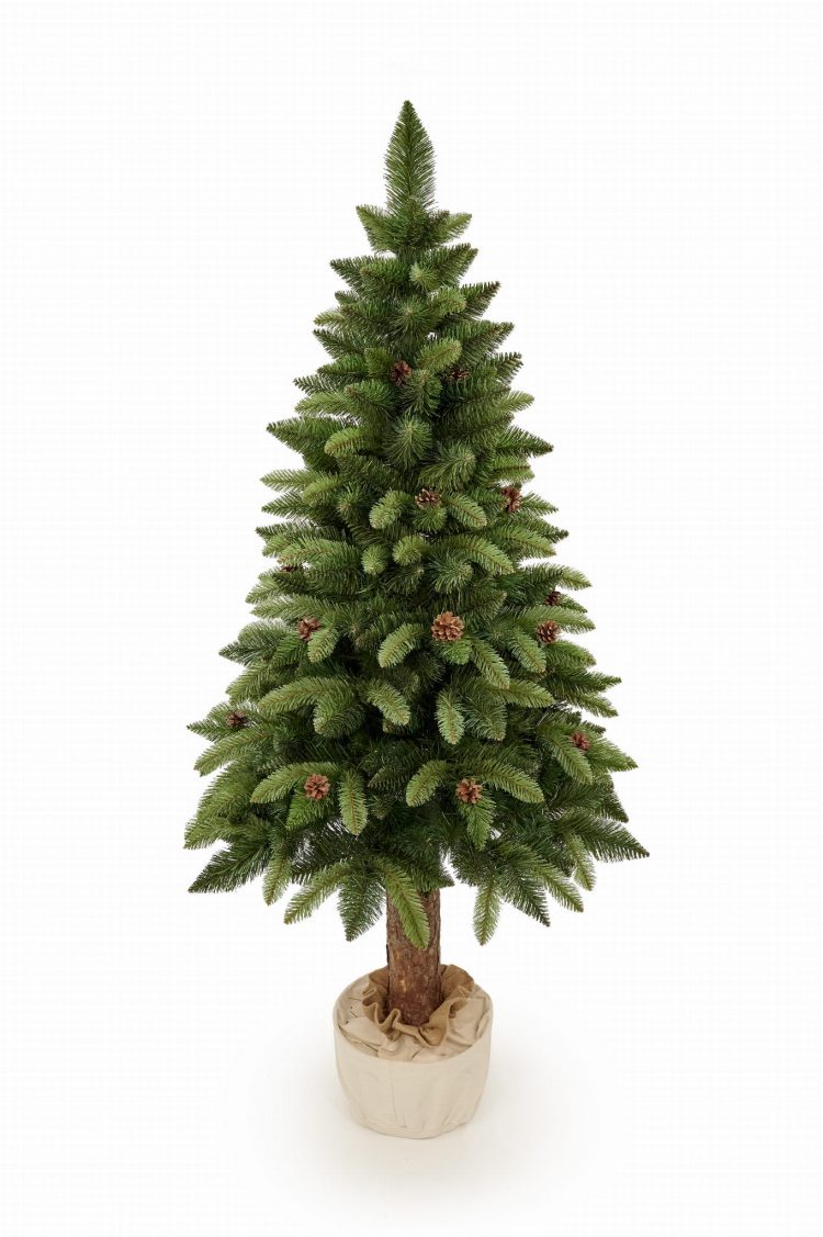 Umelý vianočný stromček na pníku so šiškami PREMIUM | 2m - stromček je osadený na prírodnom kmeni borovice. Je ozdobený prírodnými šiškami.