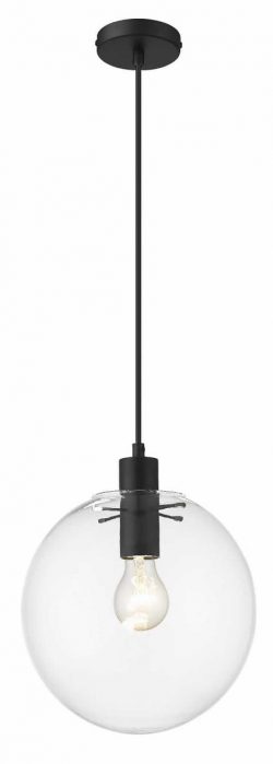 Závesná lampa, čierna, Puerto | LP-004/1P M BK v tvare gule, ktoré poskytuje jeden zdroj svetla. Guľa je vyrobená z priehľadného skla.