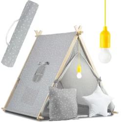 Detský stan TeePee s lampou | sivým, vyrobený z prémiovej bavlny.  Bavlna je ideálna pre detské stany, pretože je dokonale priedušná.