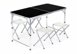 Turistický stôl, skladací, + 4 stoličky, čierny | 119,5 x 60 cm , bude perfektnou súpravou na cestovanie alebo dovolenkové výlety.