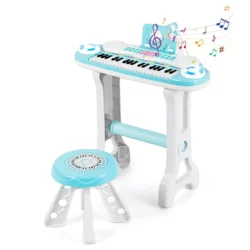 Detský klavír s príslušenstvom, 47 x 20 x 60 cm, modrý, ponúka deťom 8 rytmov, 8 zvukov nástrojov, 4 perkusie a demo piesne. Môžu tiež spievať do mikrofónu