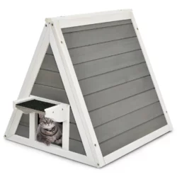 Domček pre mačky, drevený, sivý | 50 x 55 x 52 cm, bude vyzerať dobre vo vnútri alebo vonku vo vašej záhrade alebo na verande.