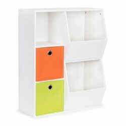 Drevená polica na hračky, 76 x 94 x 28,2, oranžovo-zelená | ECOTOYS, má funkčné police a farebné textilné nádoby na hračky. Hodí do každého typu interiéru.
