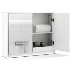 Kúpeľňová skrinka, zrkadlová, 2-dverová | biela dokonale zapadne do vášho štýlu domácej dekorácie a k ostatnému nábytku. Možno ju pripevniť k stene.
