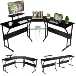 Počítačová stôl v tvare L, flexibilný, 225 x 48 x 91 cm | čierny, s 3 veľkými stolovými dielmi výrazne rozšíri vašu pracovnú plochu.