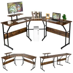 Počítačový stôl v tvare L, flexibilný, 225 x 48 x 91 cm | rustikálna hnedá, výrazne rozšíri vašu pracovnú plochu a dobre využije váš obmedzený priestor.