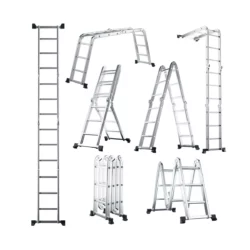 Skladacie rebríkové lešenie 7v1 | 150 kg má 7 rôznych konfigurácií: rovný rebrík, rebrík, lešenie, previsnutý rebrík, rebrík v tvare M a schodiskový rebrík.
