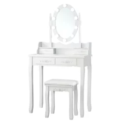 Toaletný stolík s taburetkou, zrkadlo, LED osvetlenie | biely z vysokokvalitného materiálu a pevnej konštrukcie bude vyzerať krásne v každom interiéri.