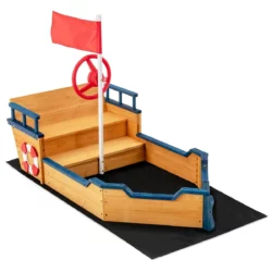 Detské drevené pieskovisko, pirátsky čln | 156 x 78 cm, je vyrobené z kvalitného jedľového dreva s vodeodolným náterom, s certifikátom ASTM a CSPIA.