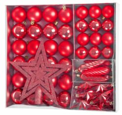 Sada vianočných osôb, MagicHome, 50 ks, 4-5 cm | červená, slúži na slávnostné ozdobenie vianočného stromčeka. Pozostáva z gulí, hviezdy, girlandy a šišiek.