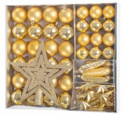 Sada vianočných osôb, MagicHome, 50 ks, 4-5 cm | zlatá, slúži na slávnostné ozdobenie vianočného stromčeka. Pozostáva z gulí, hviezdy, girlandy a šišiek.