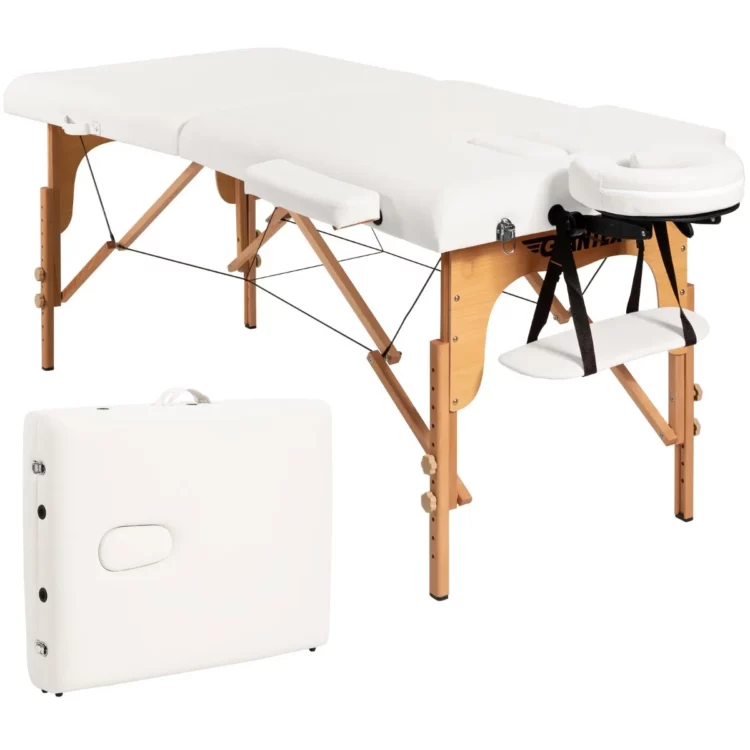 Skladací masážny stôl, nastaviteľný | biely ponúka pohodlie pre terapeutov. Výšku a opierku hlavy je možné nastaviť tak, aby vyhovovali rôznym potrebám.