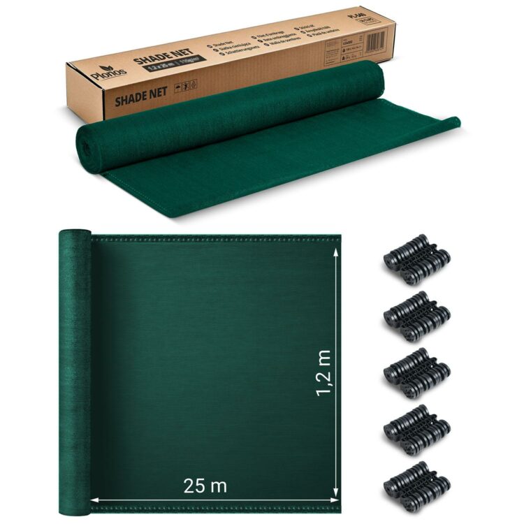 Tieniaca sieť + 50 klipov, 110g/m2, 1,2x25m, zelená | Plonos
