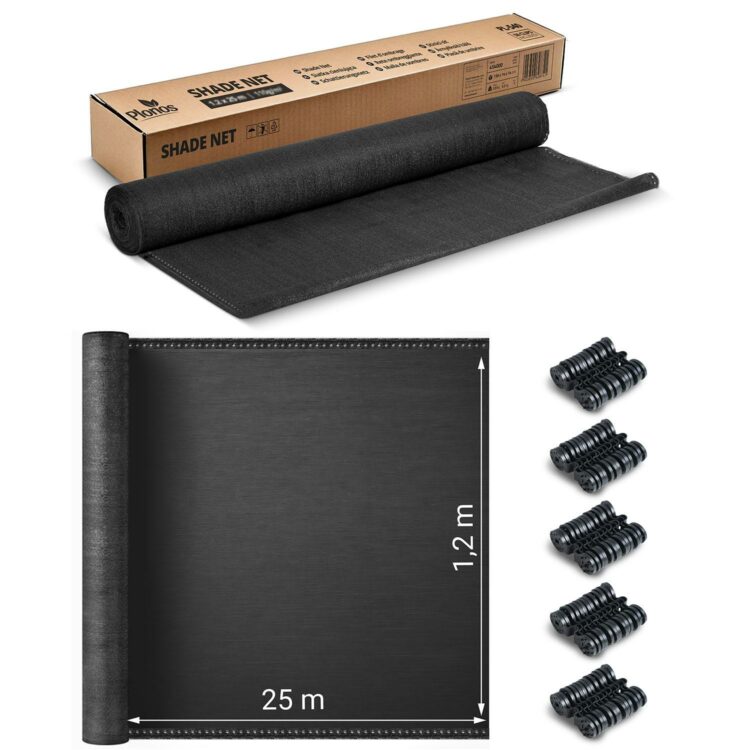 Tieniaca sieť + 50 klipov, 140g/m2, 1,2x25m, sivá | Plonos