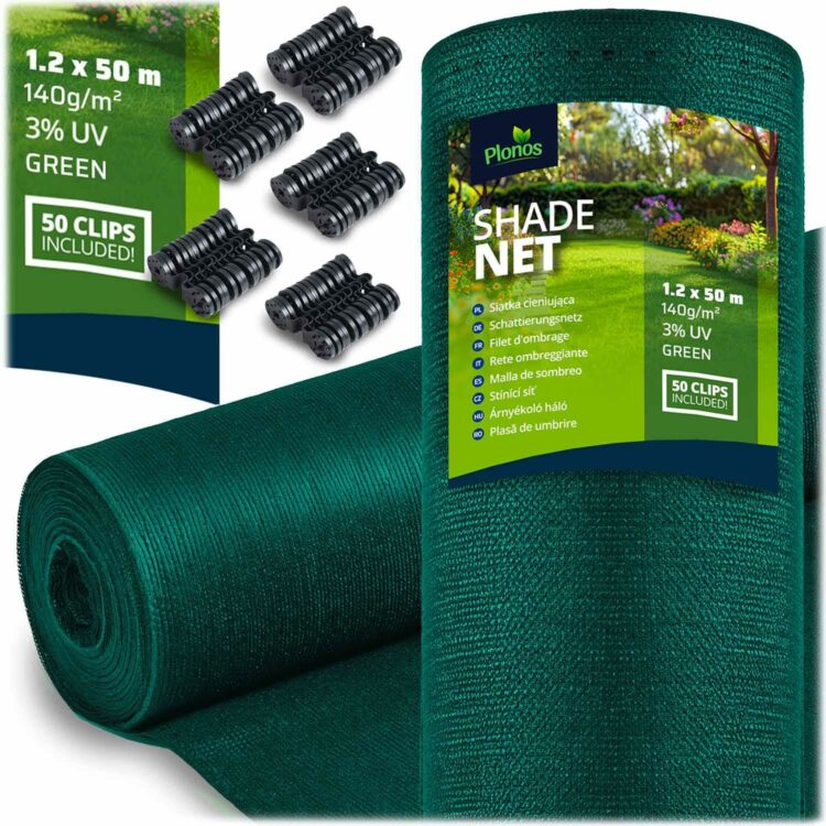 Tieniaca sieť + 50 klipov, 140g/m2, 1,2x50m, zelená | Plonos
