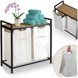 Dvojkomorový kôš na bielizeň s rámom, 80L, biely | Massido