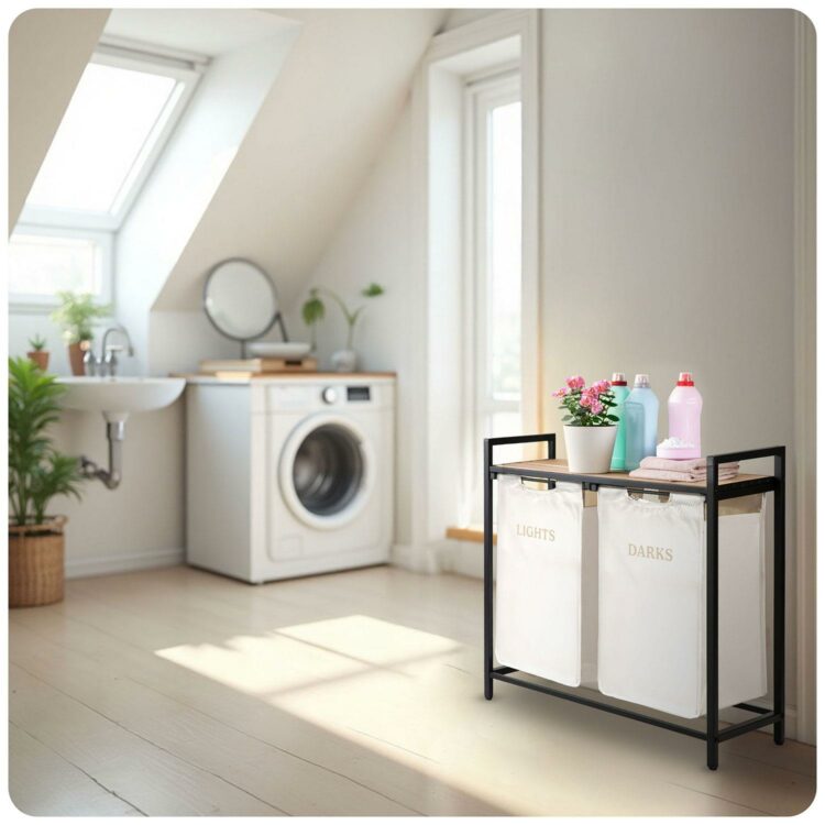Dvojkomorový kôš na bielizeň s rámom, 80L, biely | Massido