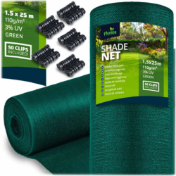 Tieniaca sieť + 50 klipov, 110g/m2, 1,5x25m, zelená | Plonos