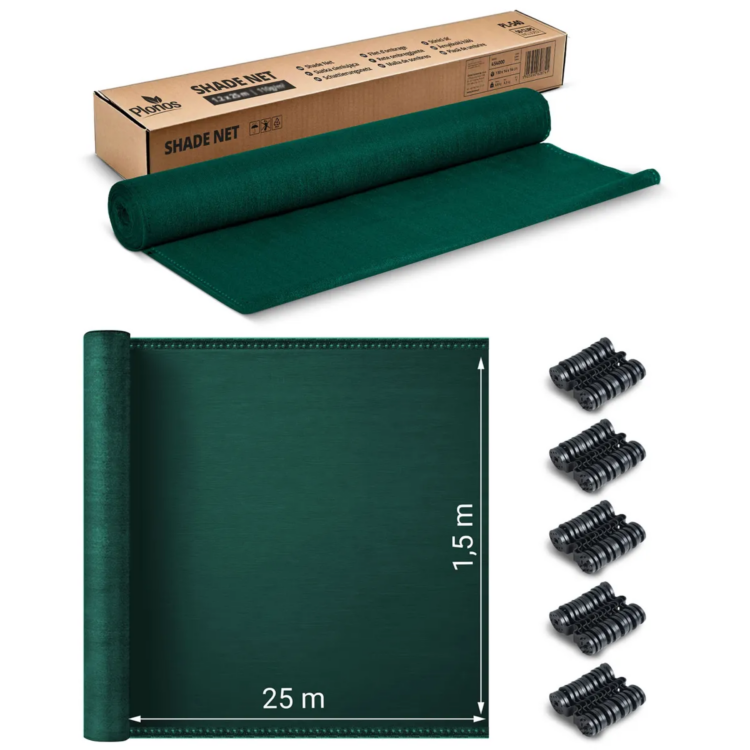 Tieniaca sieť + 50 klipov, 110g/m2, 1,5x25m, zelená | Plonos