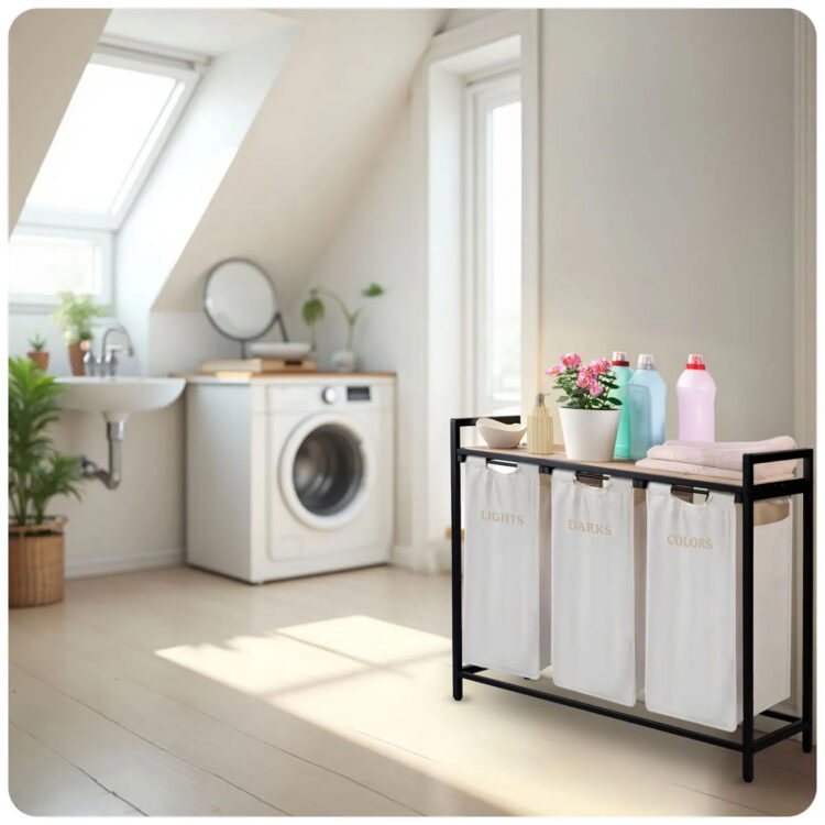 Trojkomorový kôš na bielizeň s rámom, 120L, biely | Massido