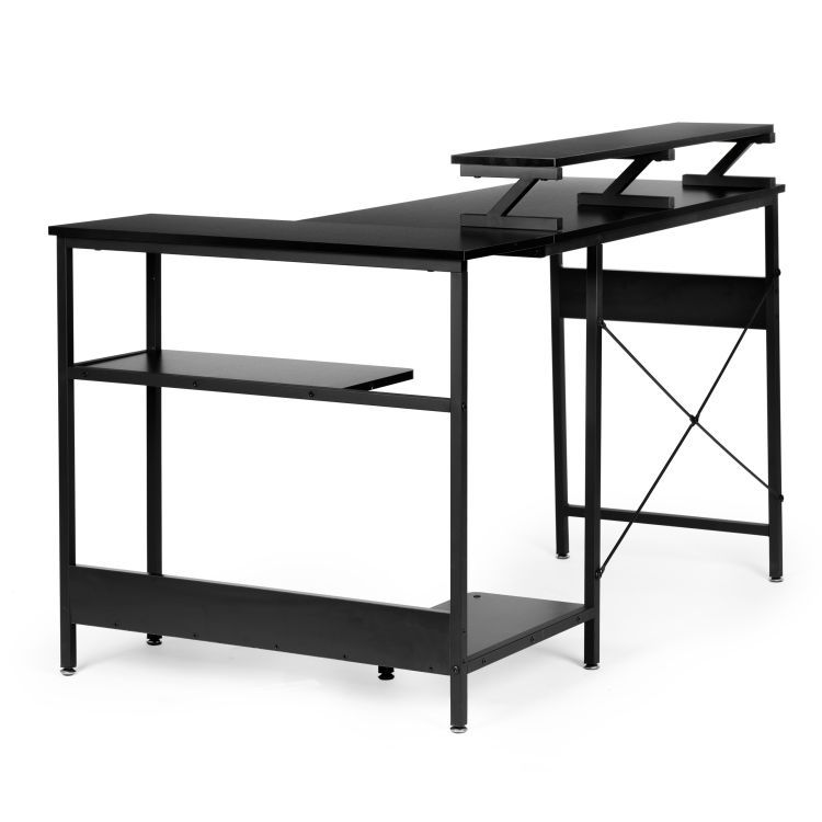 Rohový počítačový stôl, 3 police, čierny, | ModernHome Rohový počítačový stôl, 3 police, čierny, | ModernHome