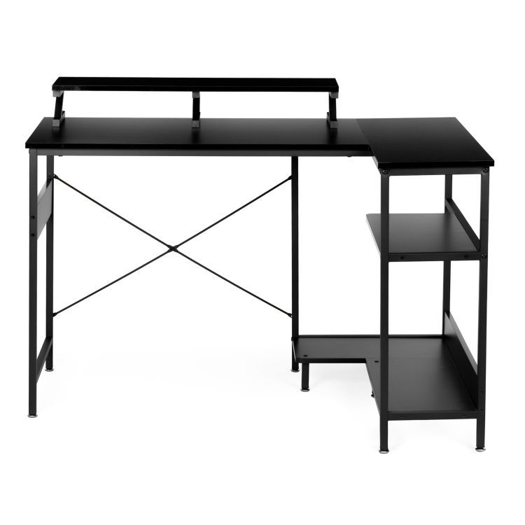 Rohový počítačový stôl, 3 police, čierny, | ModernHome Rohový počítačový stôl, 3 police, čierny, | ModernHome