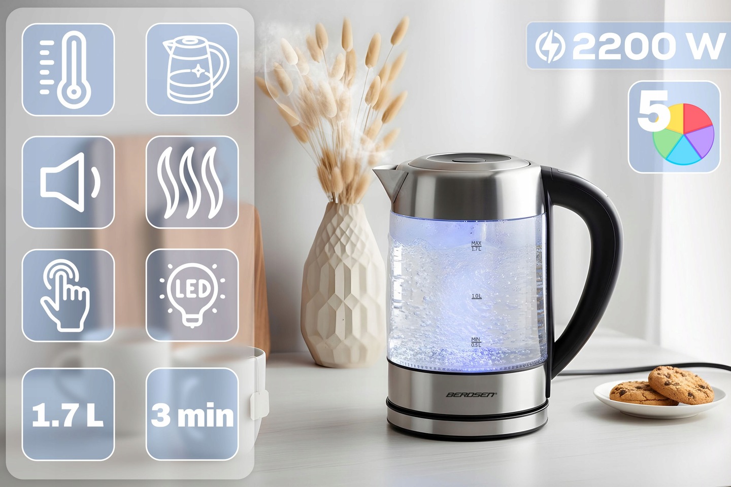 Rýchlovarná kanvica BD-714, 1,7L, 2200W | Berdsen Rýchlovarná kanvica BD-714, 1,7L, 2200W | Berdsen