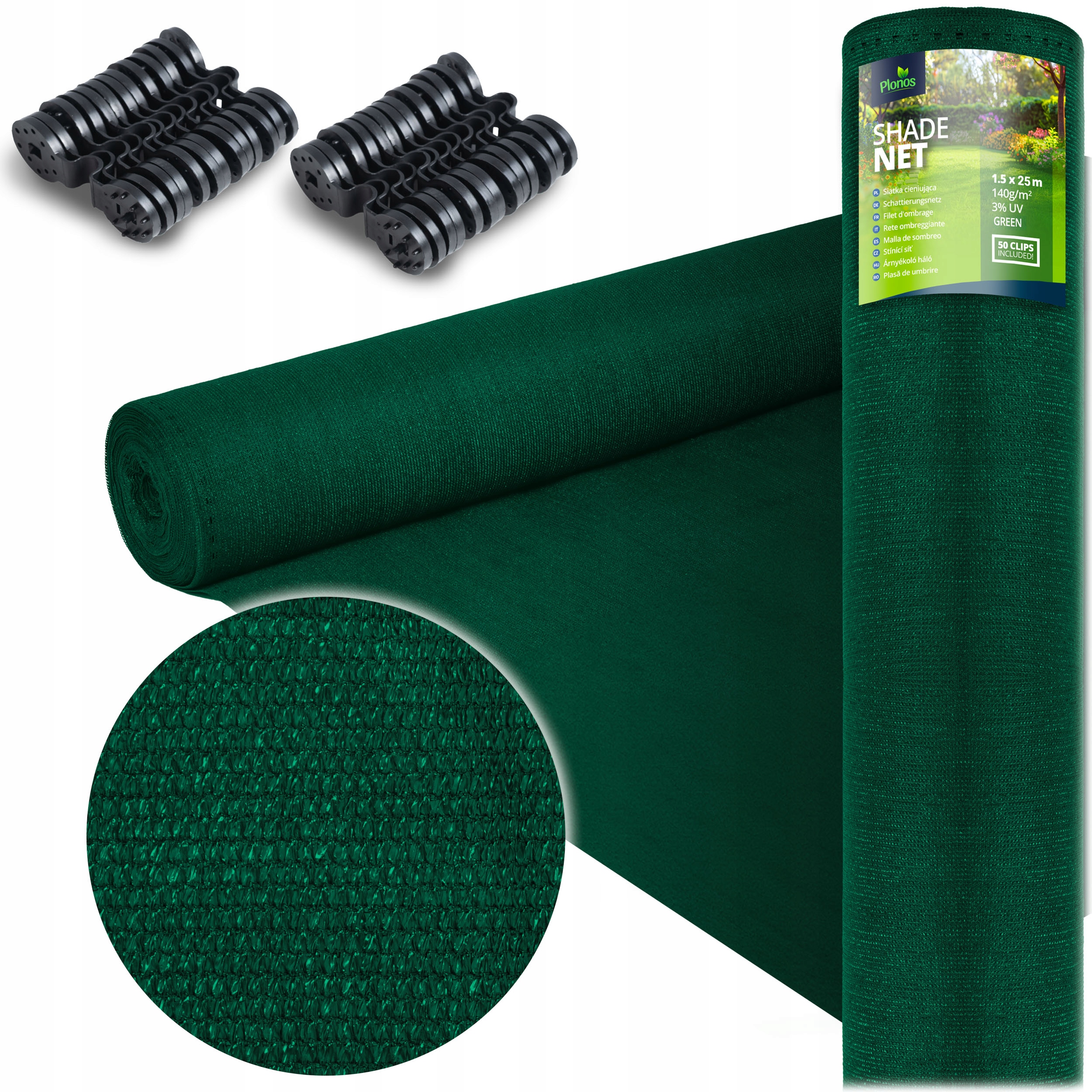 Tieniaca sieť + 50 klipov, 140g/m2, 1,5x25m, zelená | Plonos Tieniaca sieť + 50 klipov, 140g/m2, 1,5x25m, zelená | Plonos