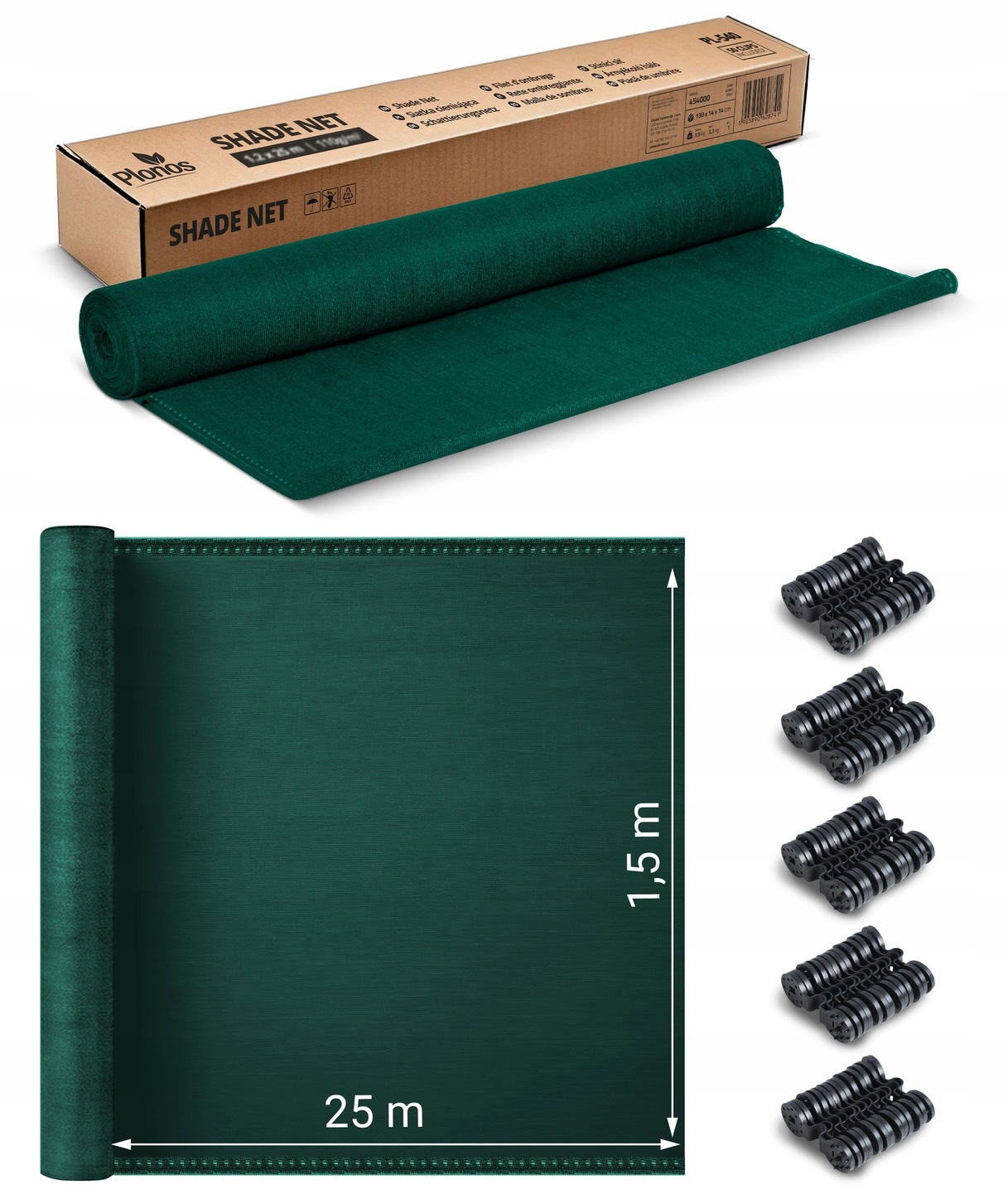 Tieniaca sieť + 50 klipov, 140g/m2, 1,5x25m, zelená | Plonos Tieniaca sieť + 50 klipov, 140g/m2, 1,5x25m, zelená | Plonos
